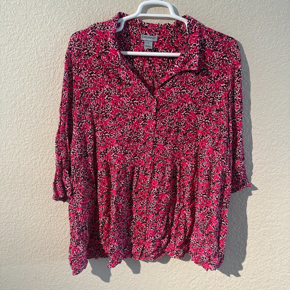 Catherines 3X Pink, Black & White Button up Blouse